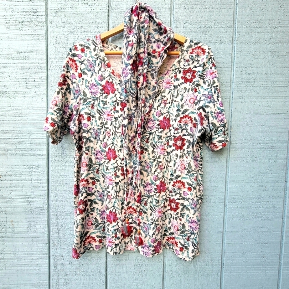 J. Jill Pima Scoop Neck Elbow Sleeve Floral Top With Matching Headscarf size L